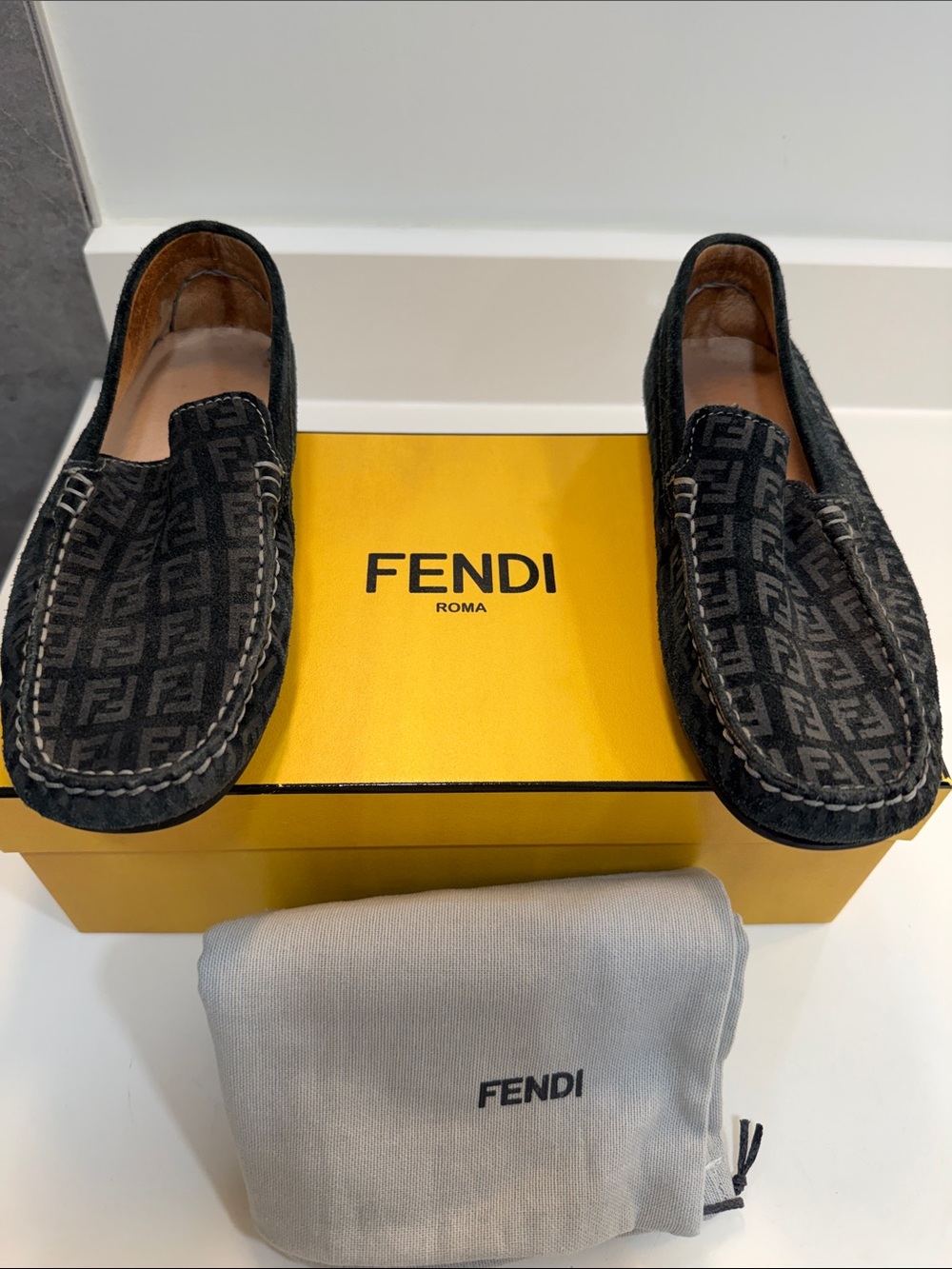 Fendi Black FF Logo Suede Slip-On Loafers